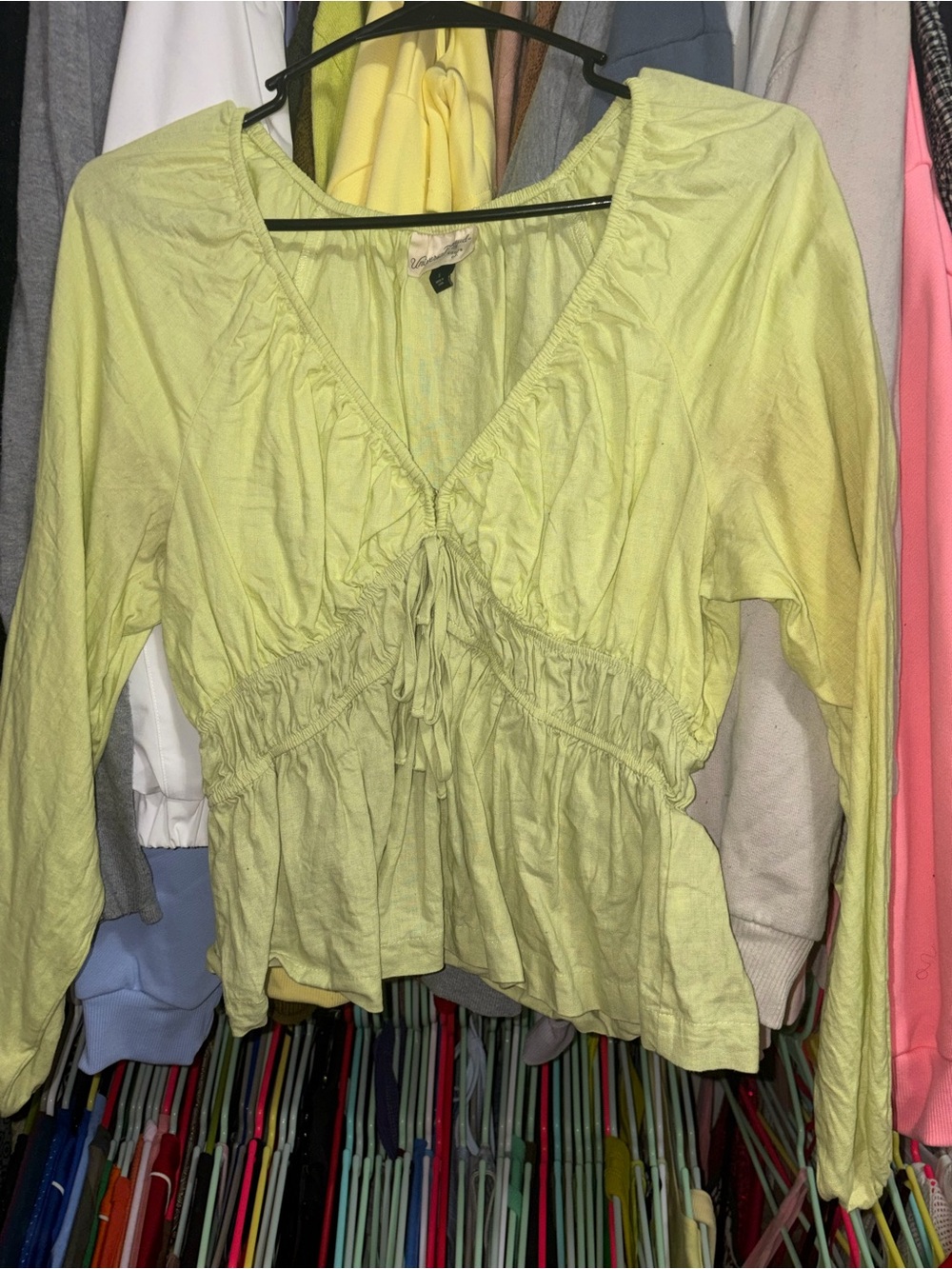 Universal Thread Light Yellow Green Ruched Tie-Front Blouse